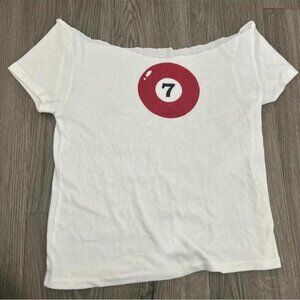 White off the shoulder crop top with red billiard ball #partyvibes